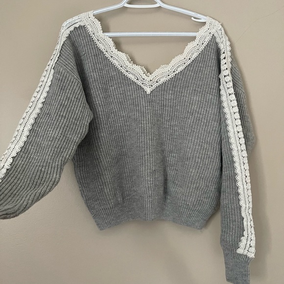lace v-neck knit sweater - Picture 1 of 5